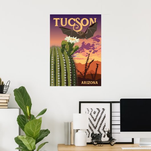 28"x20" Bat and Saguaro - Tucson, Arizona Poster (Heimbüro)