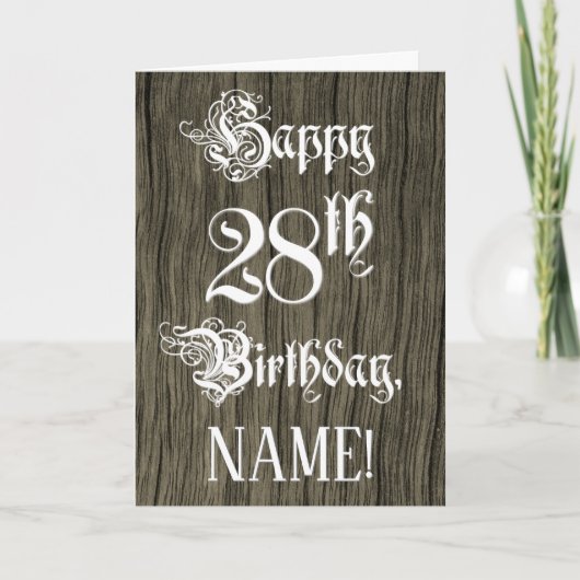 28th Birthday: Fancy, Elegant Text; Faux Wood Look Karte (Vorderseite)