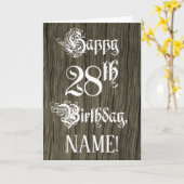 28th Birthday: Fancy, Elegant Text; Faux Wood Look Karte (Gelbe Blume)