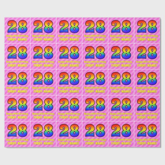 28th Birthday: Pink Stripes & Hearts, Rainbow # 28 Geschenkpapier (Flach)