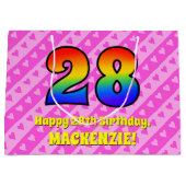 28th Birthday: Pink Stripes & Hearts, Rainbow # 28 Große Geschenktüte (Vorderseite)