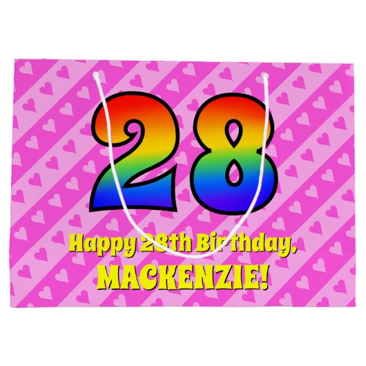 28th Birthday: Pink Stripes & Hearts, Rainbow # 28 Große Geschenktüte (Rückseite)