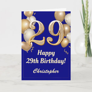 29. Geburtstag Navy Blue und Gold Balloons Confett Karte