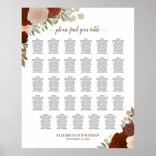 29 Tabelle Herbst florales Boho Hochzeitsdiagramm Poster (Vorne)