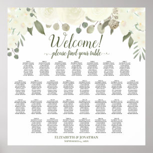 29 Table Ivory White Roses Wedding Seating Chart Poster