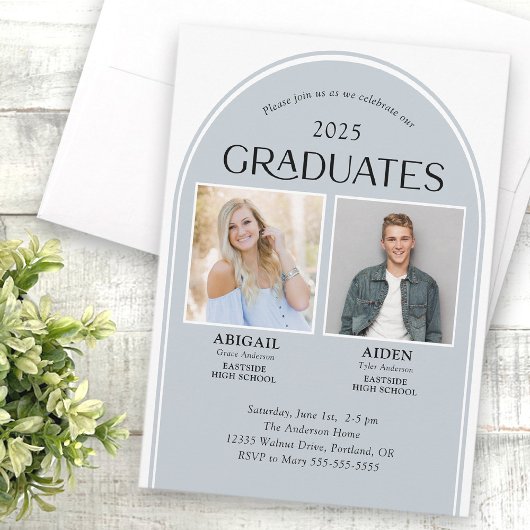 2 Absolventen Dusty Blue Arch Double Abschluss Einladung