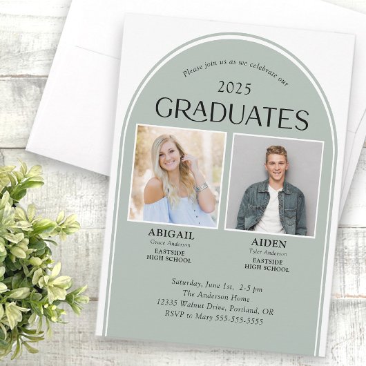 2 Absolventen Sage Green Arch Double Abschluss Einladung