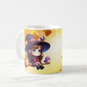 2 Adorable Niedliche Hexe mit Besen, Halloween Kaffeetasse (Vorderseite Links)