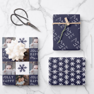2 benutzerdefinierte Fotos Schneeflocke Merry Joll Geschenkpapier Set