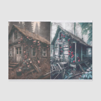 2 Bilder des alten Hauses im Holzdekoupage Seidenpapier