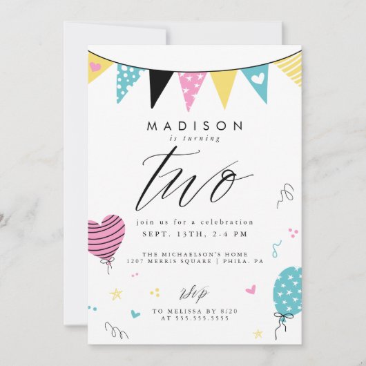 2. BIRTHTAG | Niedlich Doodle Birthday Party Einladung (Vorderseite)