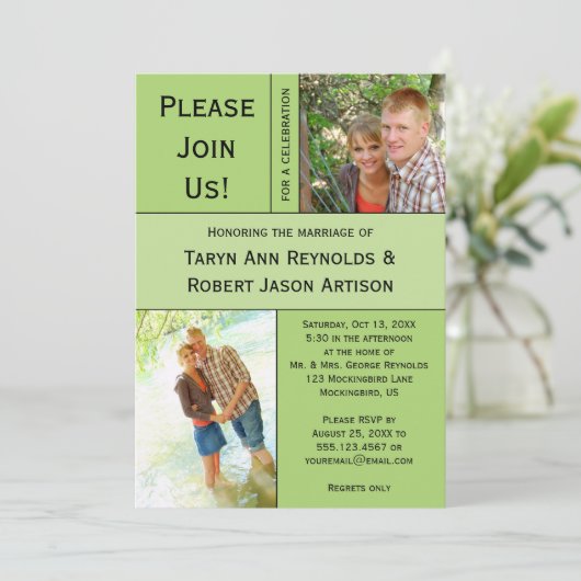 2 Blass Green Foto Block Post Hochzeit Einladung (Stehend Vorderseite)