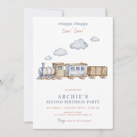 2. Boy Birthday Party Zug Wasserfarbe ZWEI Einladung (Vorderseite)