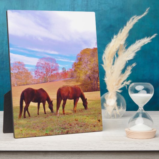 2 Braune Pferde in einem farbigen Feld Fotoplatte (Seite)