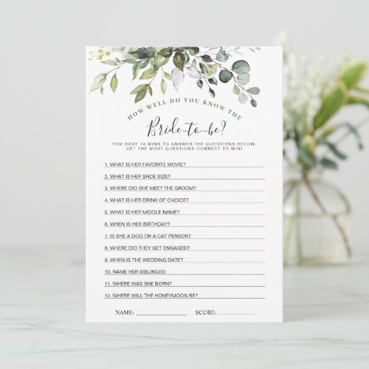 2 Brautparty Games Elegante Eukalyptus Card Einladung (Stehend Vorderseite)