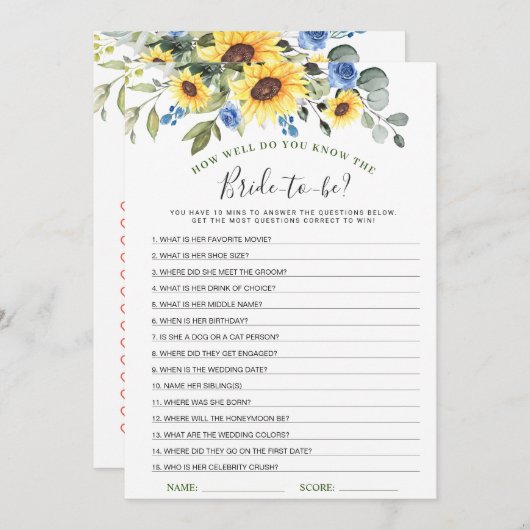 2 Brautparty Games Sunflours Eukalyptus Card Einladung (Vorne/Hinten)