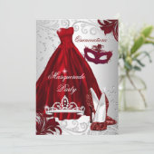 2 Burgundy Silver Dress Masquerade Quinceanera Einladung (Stehend Vorderseite)