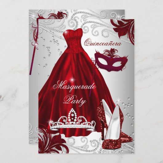 2 Burgundy Silver Dress Masquerade Quinceanera Einladung (Vorne/Hinten)
