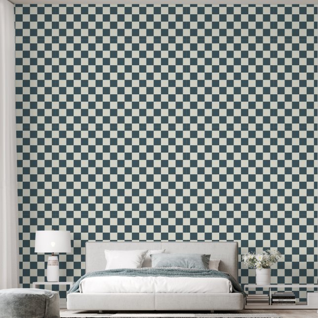 2" Checkerboard Dark Aquamarin Blue & Ivory White Tapete (Schlafzimmer)