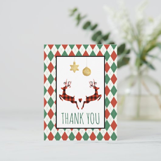 2 Christmas Deer Jumping Rustic Style Vielen Dank Postkarte (Stehend Vorderseite)