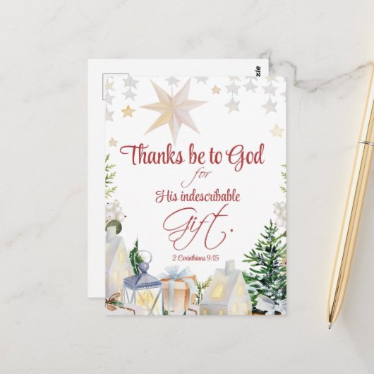 2 Cor 9:15 Dank an Gott Weihnachten Winter Bibel Postkarte (Vorderseite/Rückseite Beispiel)