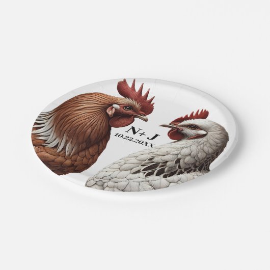 2 Country Chickens Farm Barnyard Hochzeit Pappteller (Schrägansicht)
