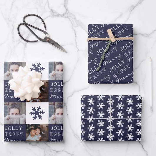 2 Custom Fotos Snowflake Merry Jolly Weihnachten Geschenkpapier Set (Vorderseite)