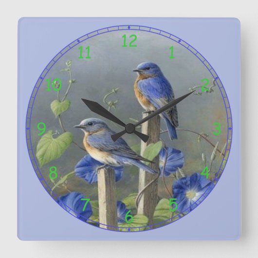 2 Cute Blue Birds on Posts Quadratische Wanduhr (Vorderseite)