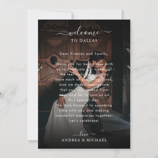 2 Dark Foto Wedding Welcome Letter Itinerary Card Einladung (Vorderseite)