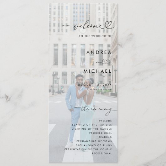 2 Fading Fotos Romantic Heart Script Chic Hochzeit Programm (Vorderseite)