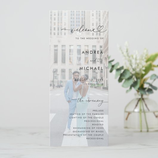 2 Fading Fotos Romantic Heart Script Chic Hochzeit Programm (Stehend Vorderseite)
