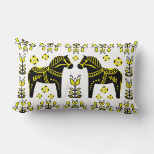 2 Folk Dala Horse/Folk floral/Friesian/black/yello Lendenkissen