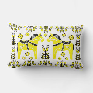 2 Folk Dala Horse/Folk floral/Friesian/white/yello Lendenkissen