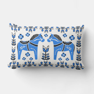 2 Folk Dala Pferd/Folk floral, weiß/schwarz/blau Lendenkissen