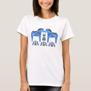 2 Folk Dala Pferde, Blaues/weißes Delft FolkPferd T-Shirt
