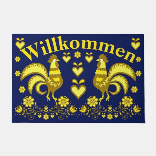 2 Folk Roosters, Gold/Blau Willkommen, willkommen Fußmatte (Vorderseite)