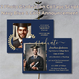2 Foto Abschluss Collage Script Navy Blue & Gold Ankündigung