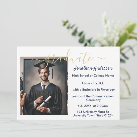 2 Foto Abschluss Collage Script Navy Blue White Ankündigung (Stehend Vorderseite)