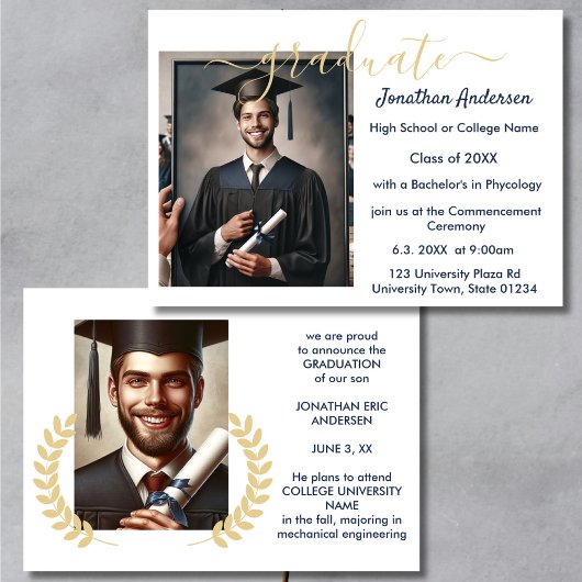 2 Foto Abschluss Collage Script Navy Blue White Ankündigung