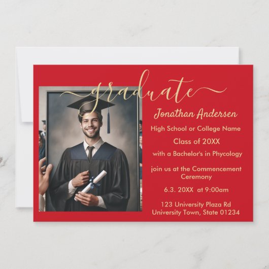 2 Foto Abschluss Collage Script Red & Gold Ankündigung (Vorderseite)