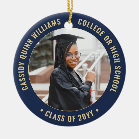 2 Foto Abschluss Elegant Modernes Navy Blue & Gold Keramik Ornament (Vorne)