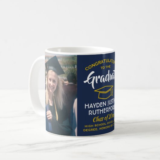 2 Foto Abschluss Glückwunsch Navy Blue Gold Yellow Kaffeetasse (Vorderseite Links)