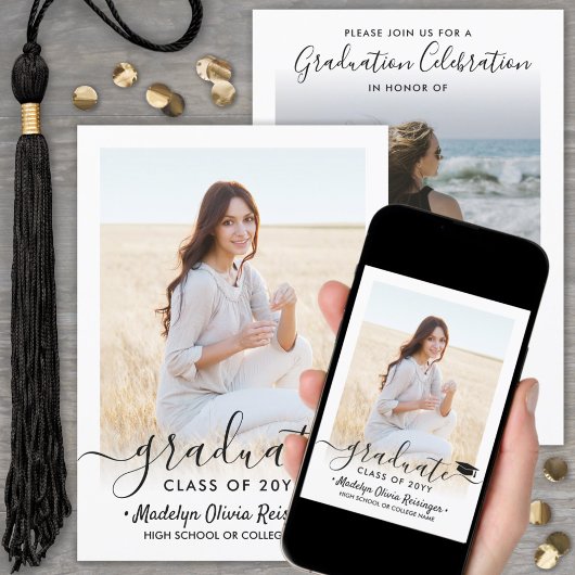 2 Foto Abschluss Modernes, einfaches Skript Elegan Einladung