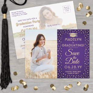 2 Foto Abschluss Save the Date Lila und Gold Ankündigungspostkarte