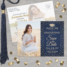 2 Foto Abschluss Save the Date Navy Blue & Gold Ankündigungspostkarte