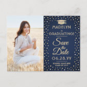 2 Foto Abschluss Save the Date Navy Blue & Gold Ankündigungspostkarte (Vorderseite)
