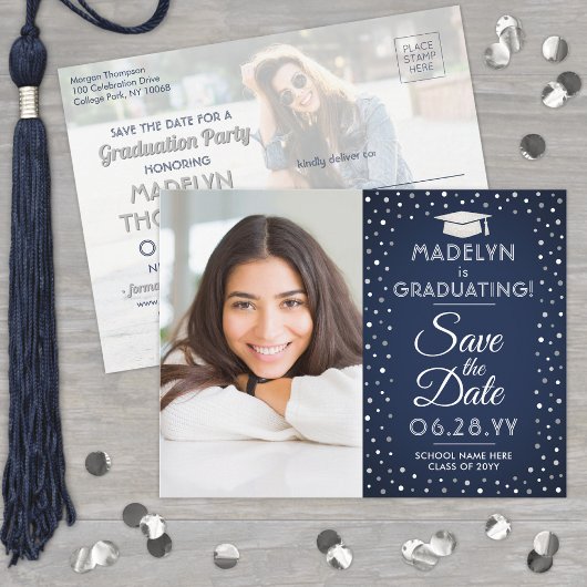 2 Foto Abschluss Save the Date Navy Blue & White Ankündigungspostkarte