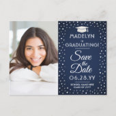 2 Foto Abschluss Save the Date Navy Blue & White Ankündigungspostkarte (Vorderseite)