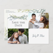 2 Foto Aquarellgrün Moderne Save the Date Ankündigungspostkarte (Vorne/Hinten)