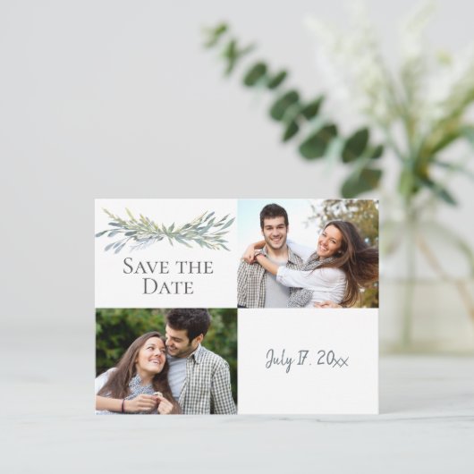 2 Foto Aquarellgrün Moderne Save the Date Ankündigungspostkarte (Stehend Vorderseite)